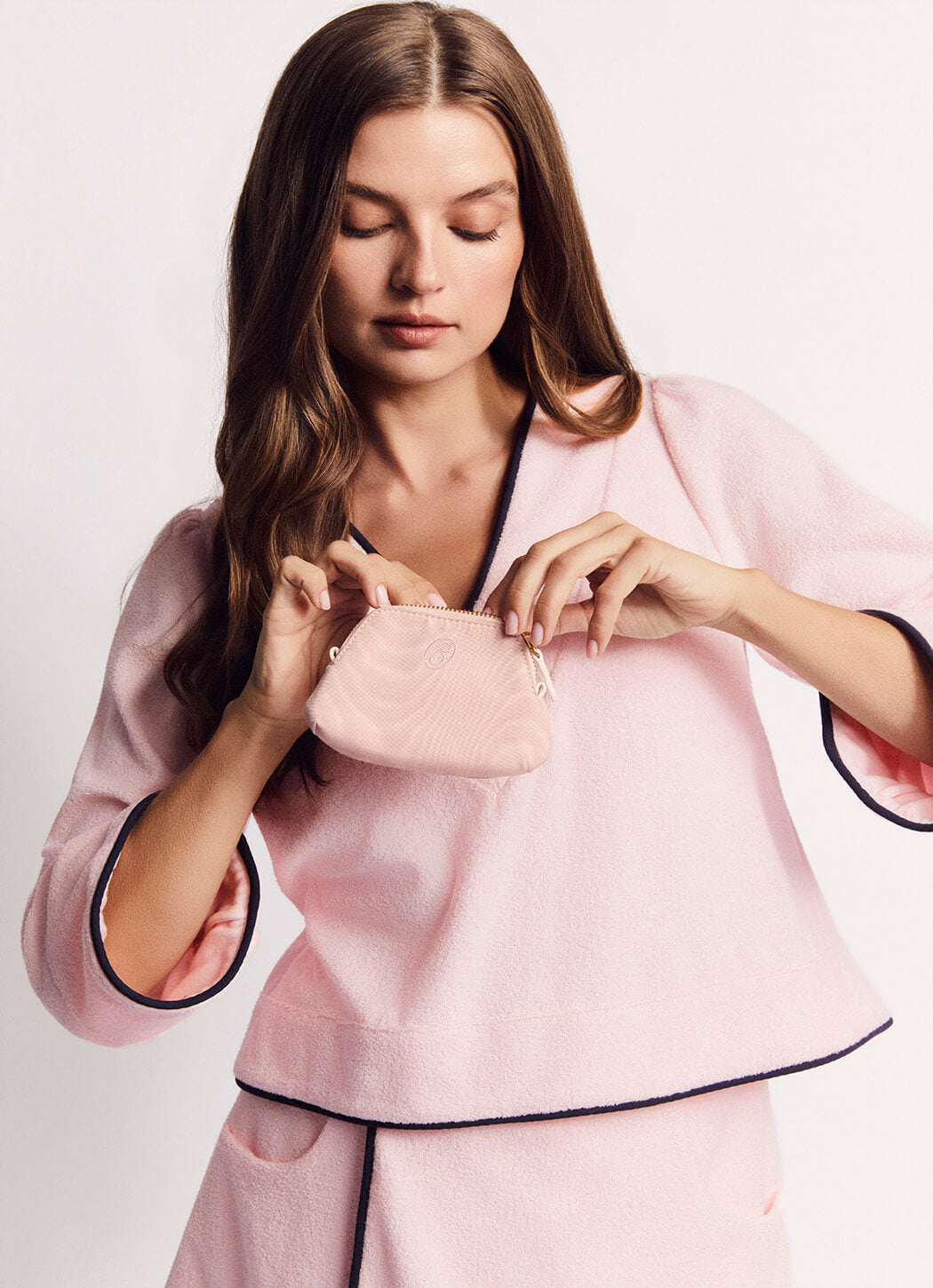 Deep V Mod Top - Pink Terry with Navy Trim
