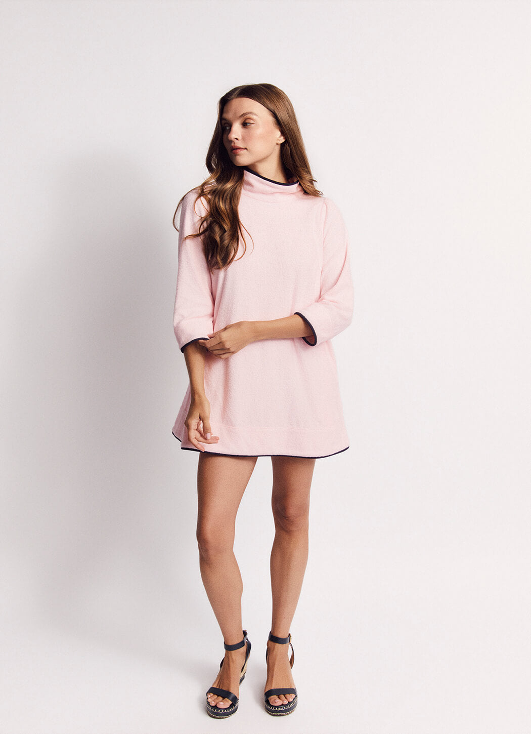 Mod Kaftan Mini - Pink Terry with Navy Trim