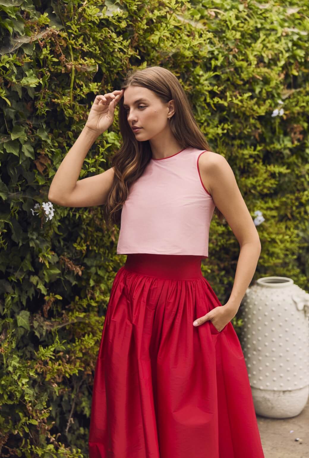 Audrey Top - Pink Taffeta with Red