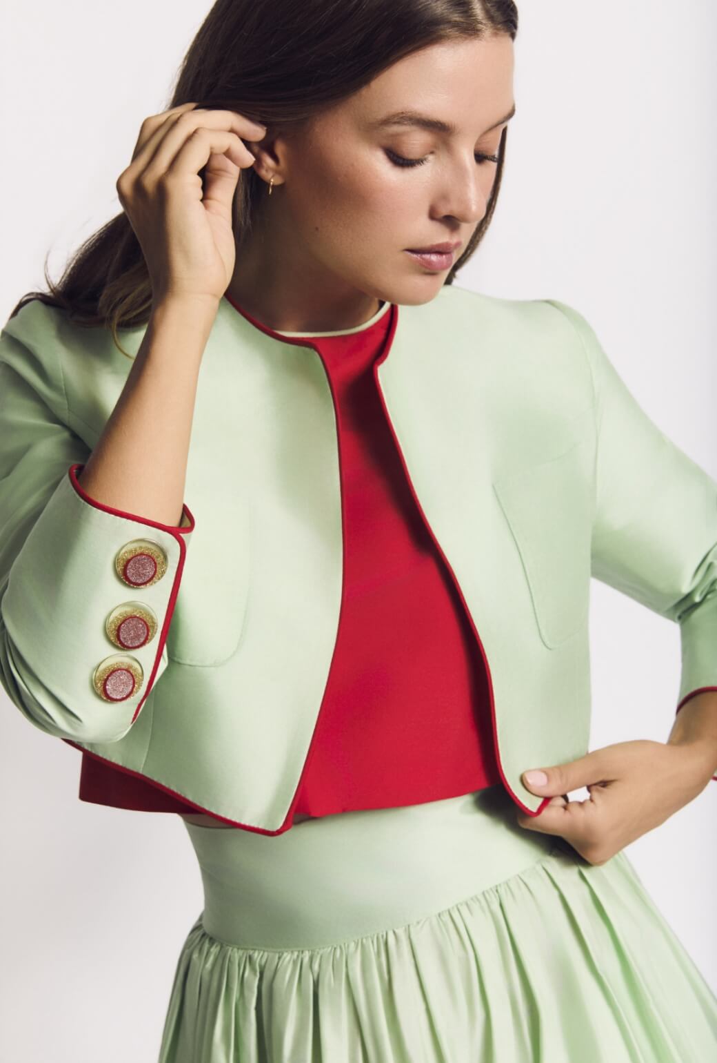 Audrey Top - Red Taffeta with Mint Contrast