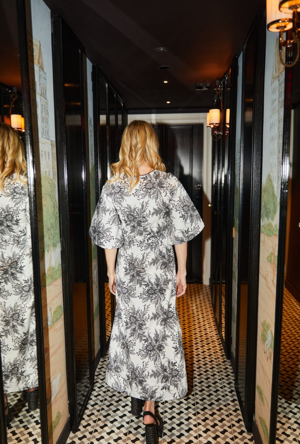Buru x Kristin Kennedy - Bell Sleeve Astor Dress - B&W Botanical