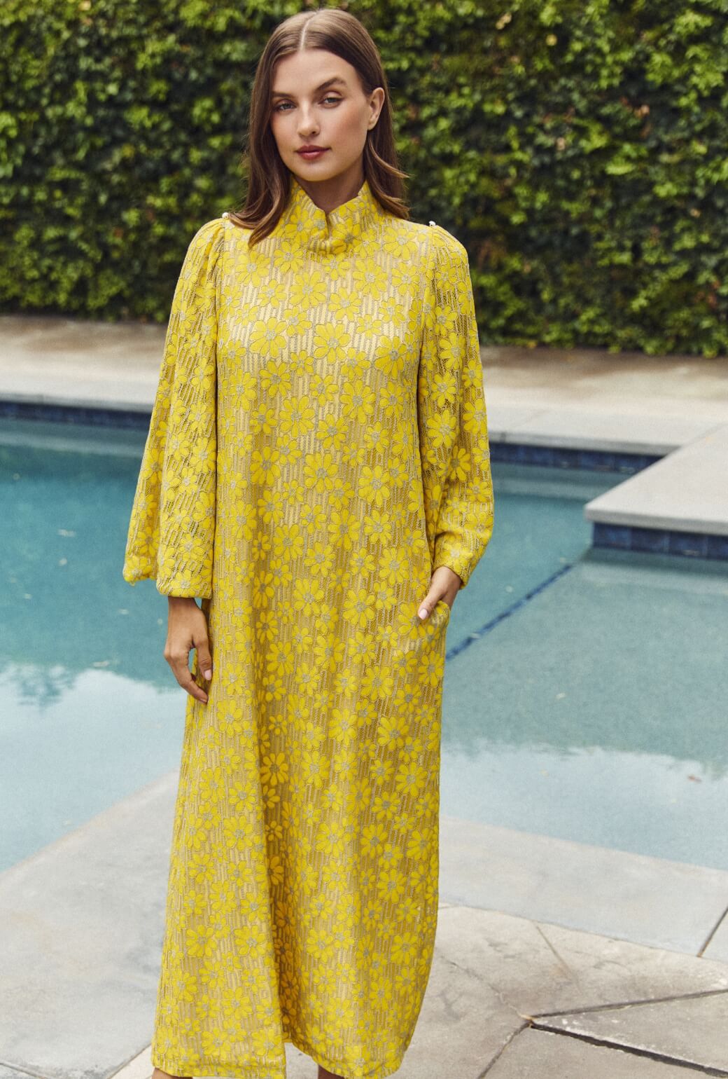Bell Sleeve Maxi Mod Dress - Yellow Lace