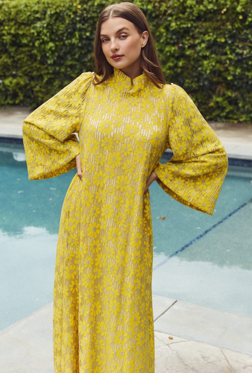 Bell Sleeve Maxi Mod Dress - Yellow Lace