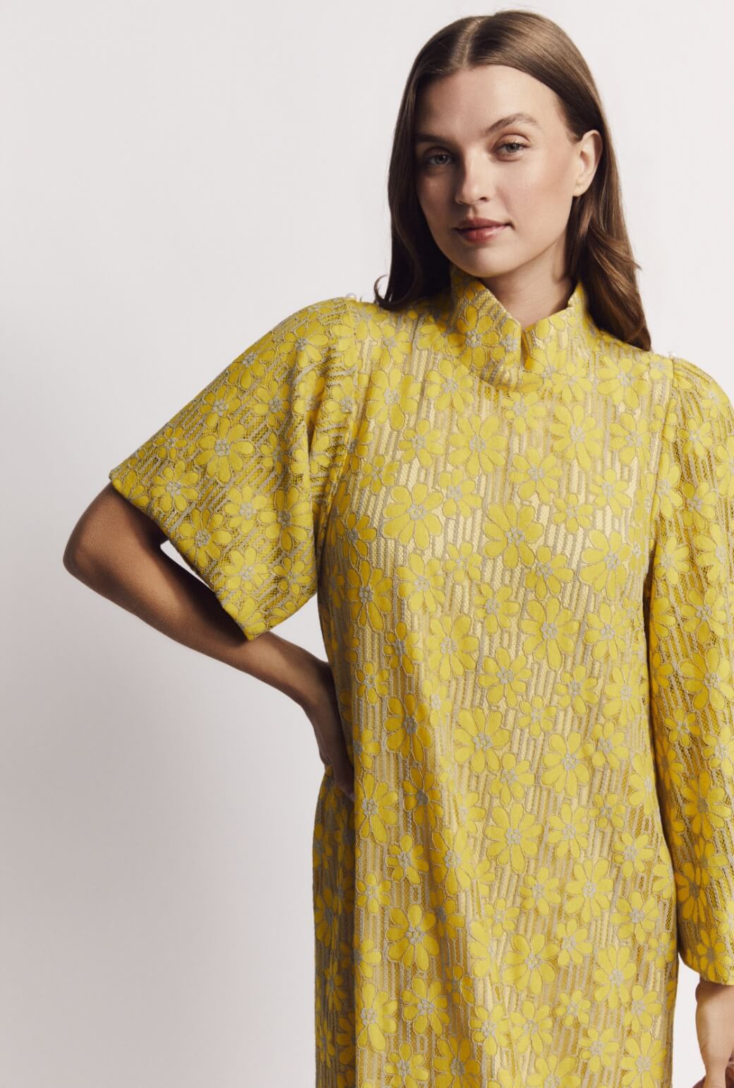 Bell Sleeve Maxi Mod Dress - Yellow Lace