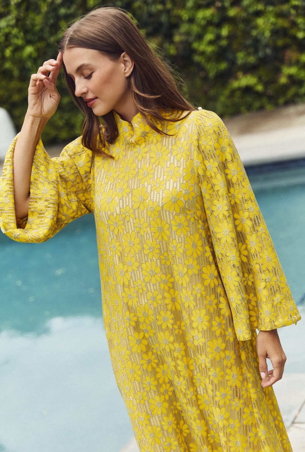 Bell Sleeve Maxi Mod Dress - Yellow Lace