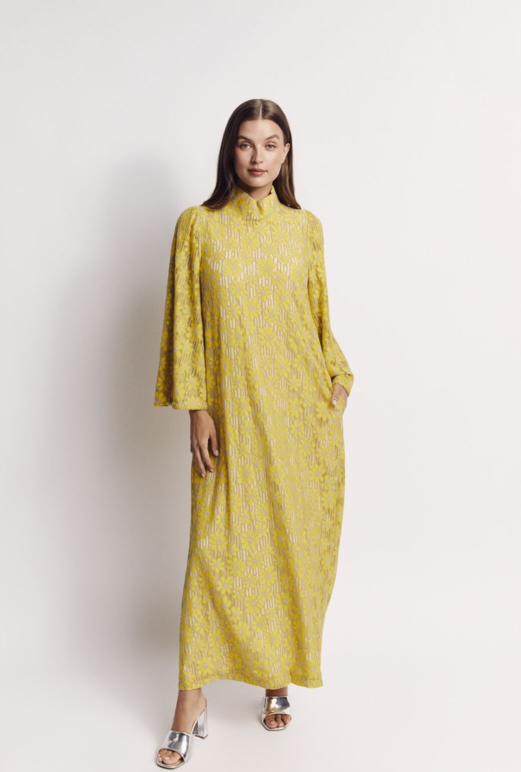 Bell Sleeve Maxi Mod Dress - Yellow Lace