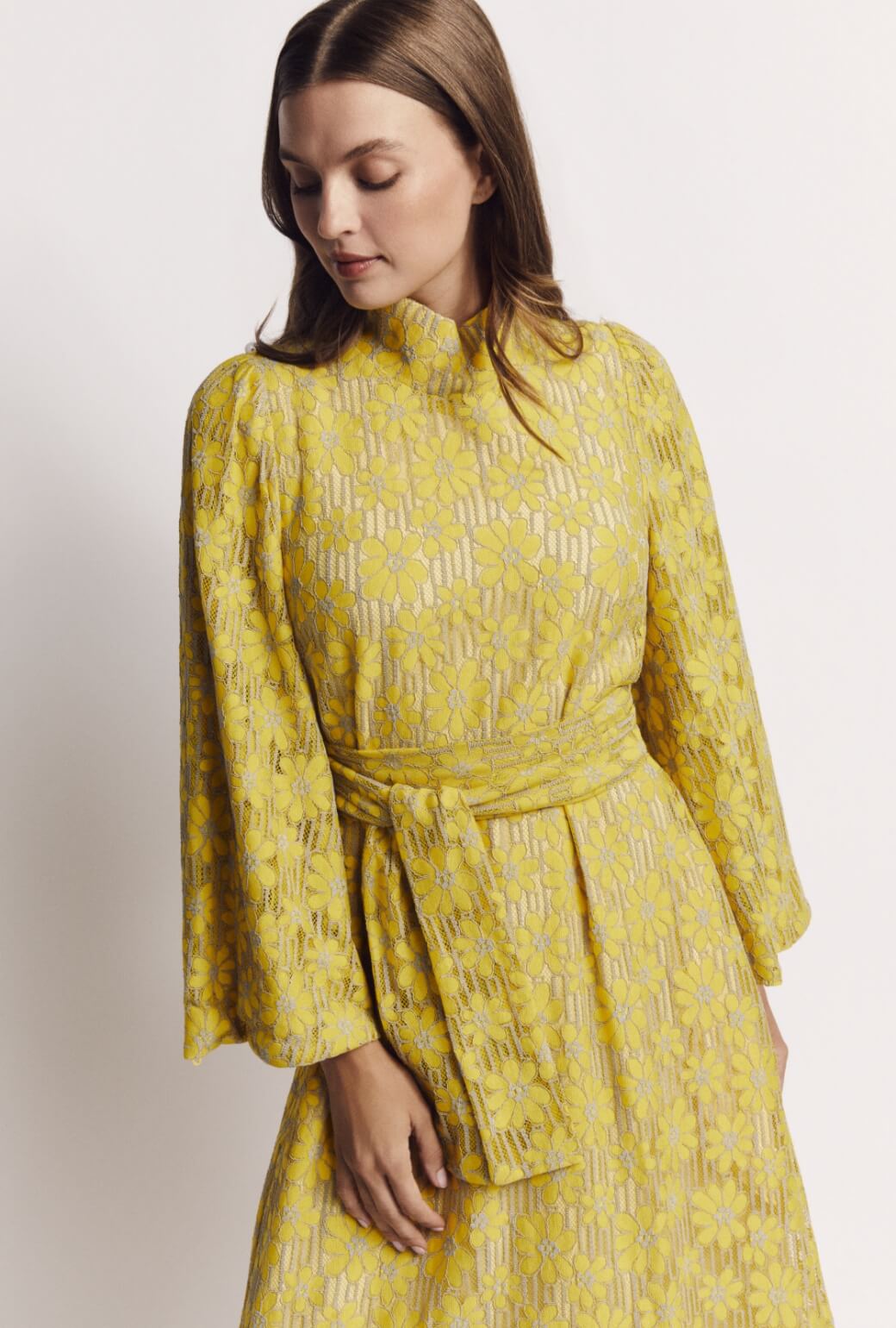 Bell Sleeve Maxi Mod Dress - Yellow Lace