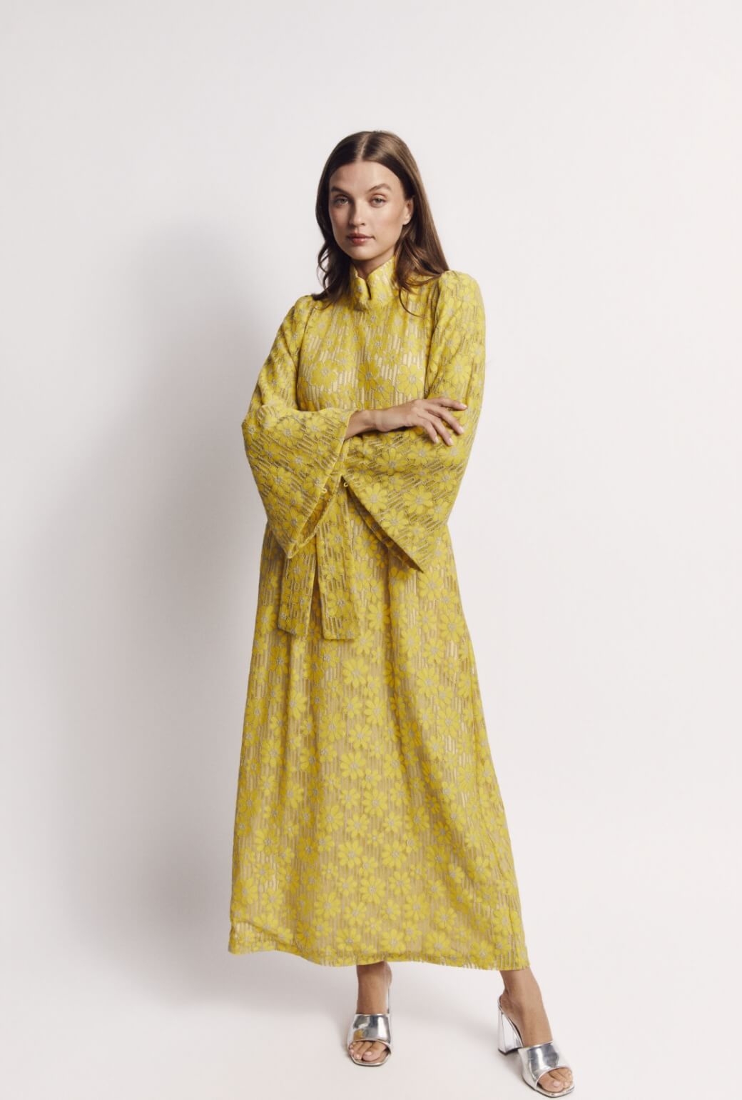 Bell Sleeve Maxi Mod Dress - Yellow Lace