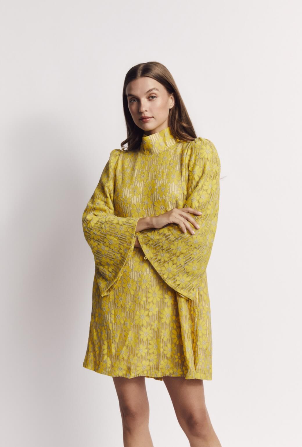 Bell Sleeve Mini Mod Dress - Yellow Lace