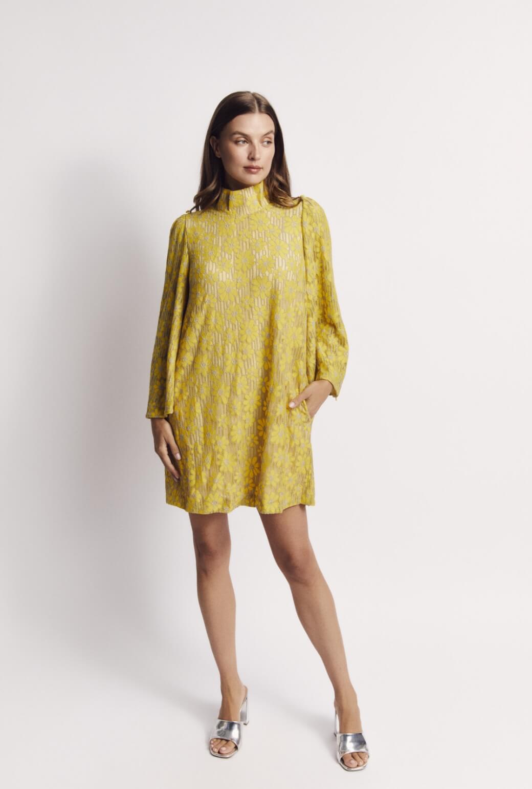 Bell Sleeve Mini Mod Dress - Yellow Lace