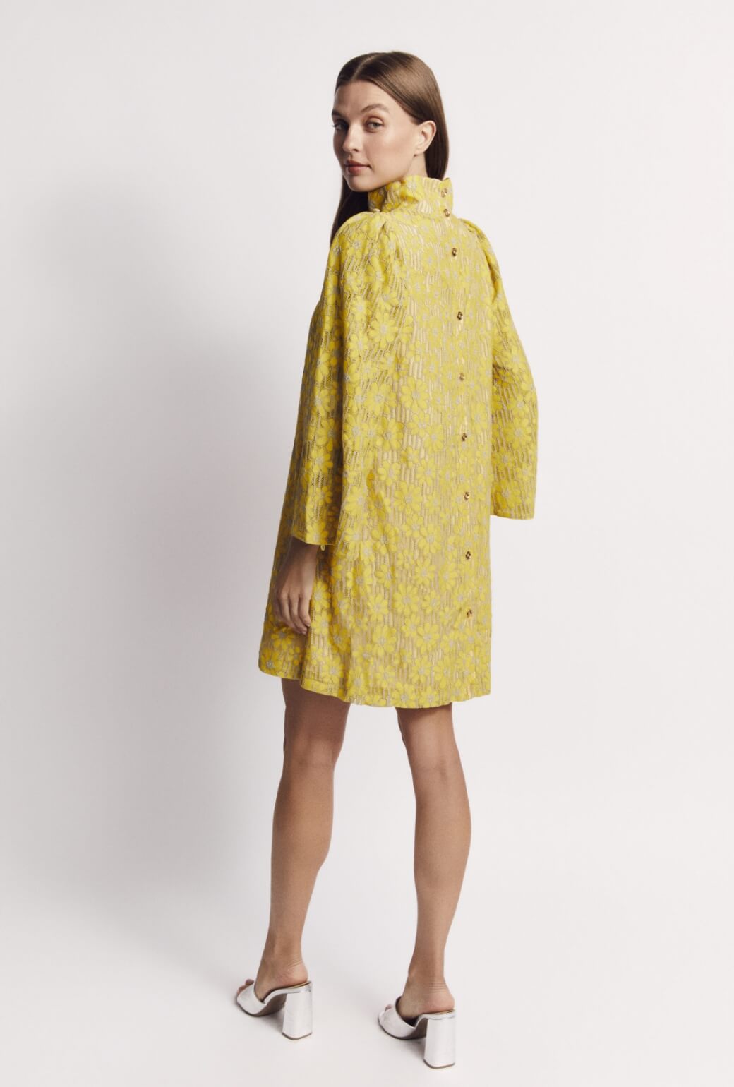 Bell Sleeve Mini Mod Dress - Yellow Lace