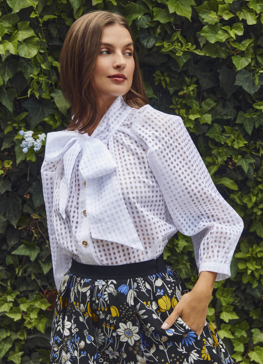 Big Bow Blouse - White Sheer Gingham