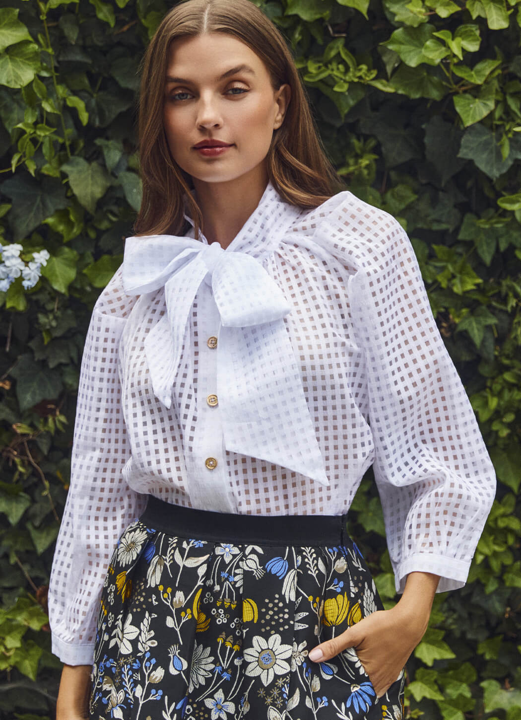 Big Bow Blouse - White Sheer Gingham