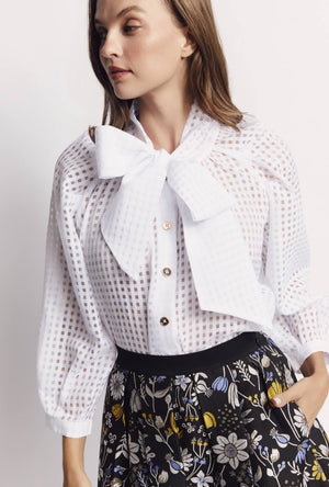 Big Bow Blouse - White Sheer Gingham