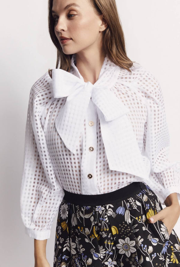 Big Bow Blouse - White Sheer Gingham