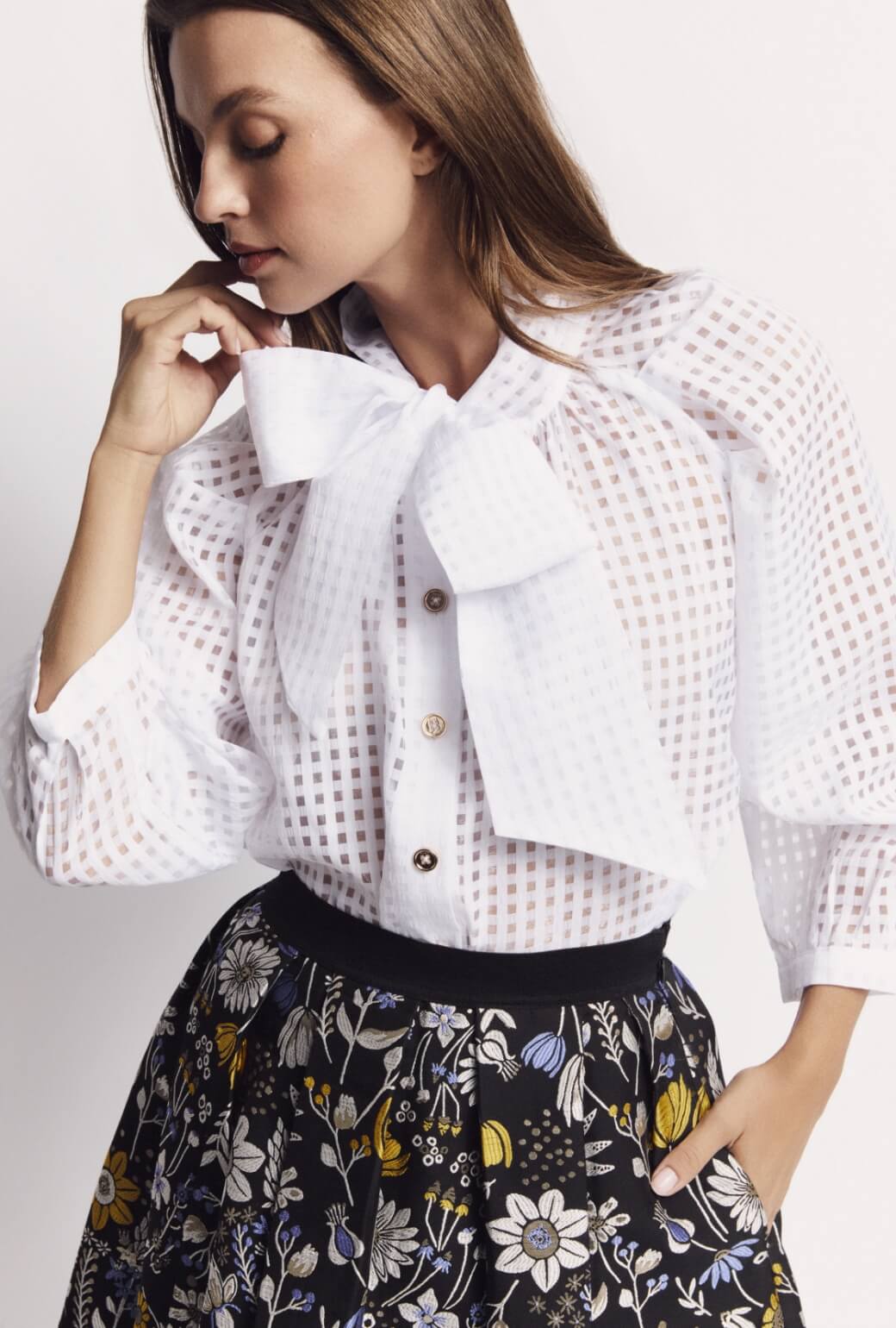 Big Bow Blouse - White Sheer Gingham
