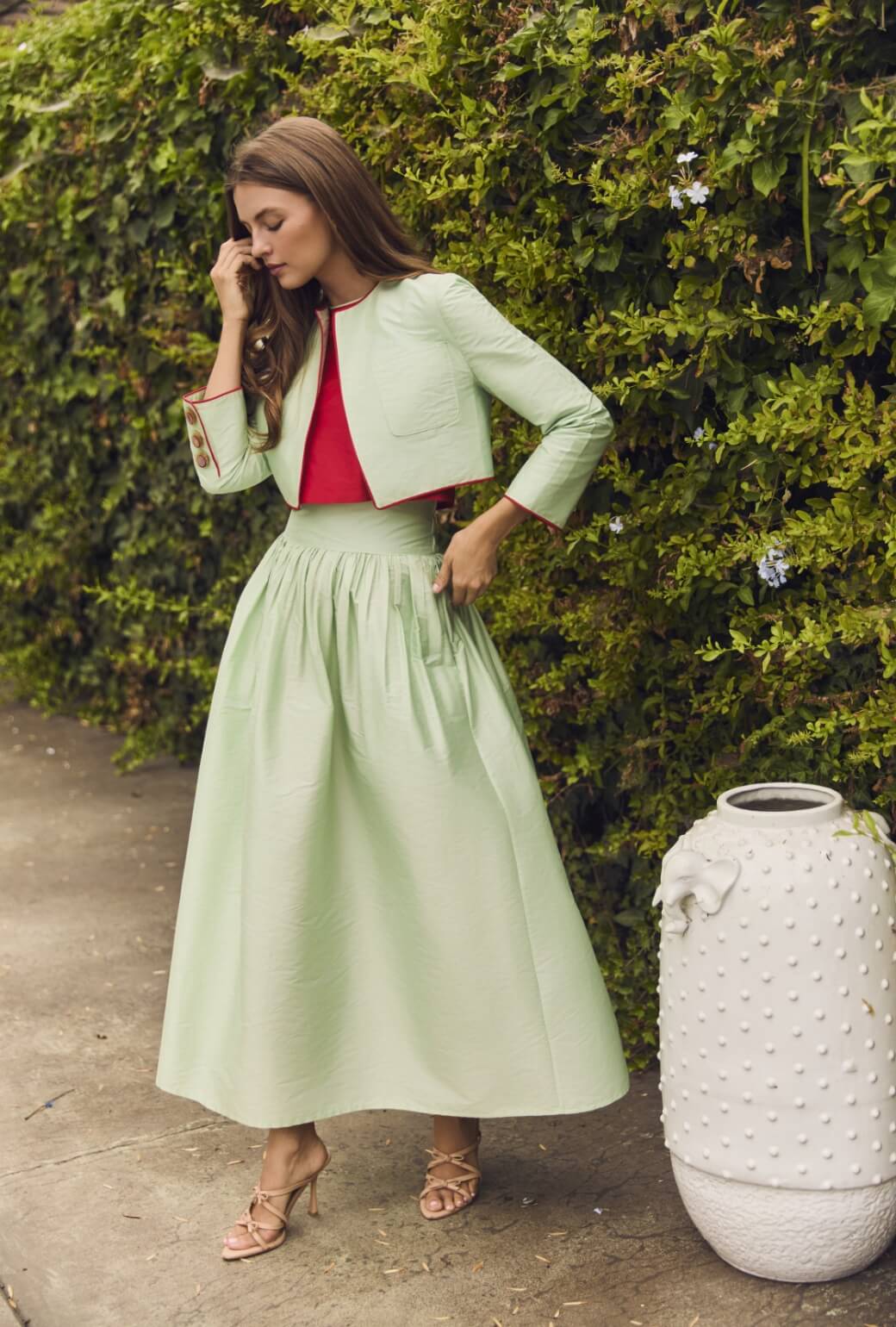Bolero Blazer - Mint Taffeta with Red Contrast