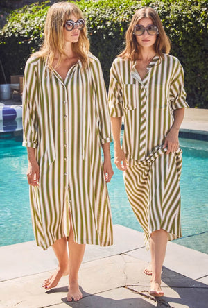 Belted Bow Housecoat - Green & Brown Stripe