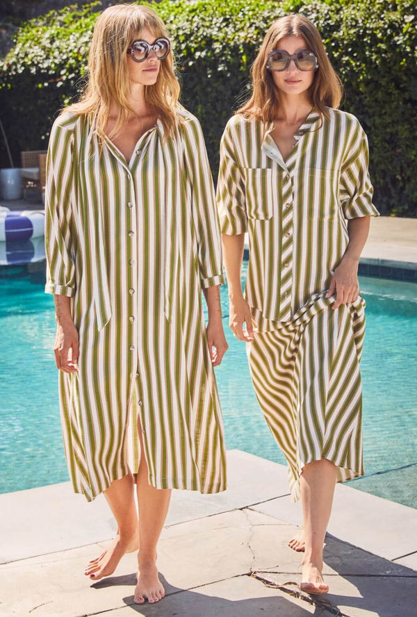 Belted Bow Housecoat - Green & Brown Stripe