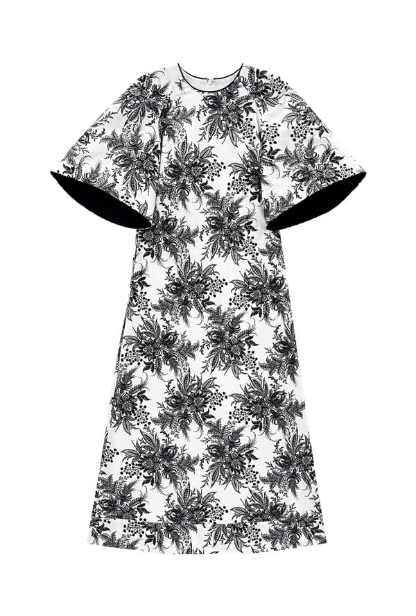 Buru x Kristin Kennedy - Bell Sleeve Astor Dress - B&W Botanical