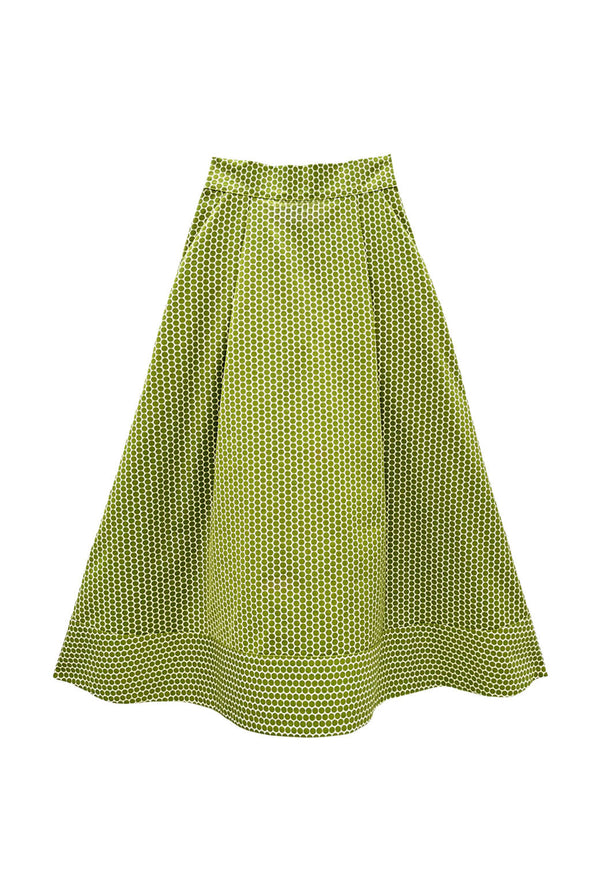 Buru x Val Flat Front MIDI Skirt  - Green Polka Dot
