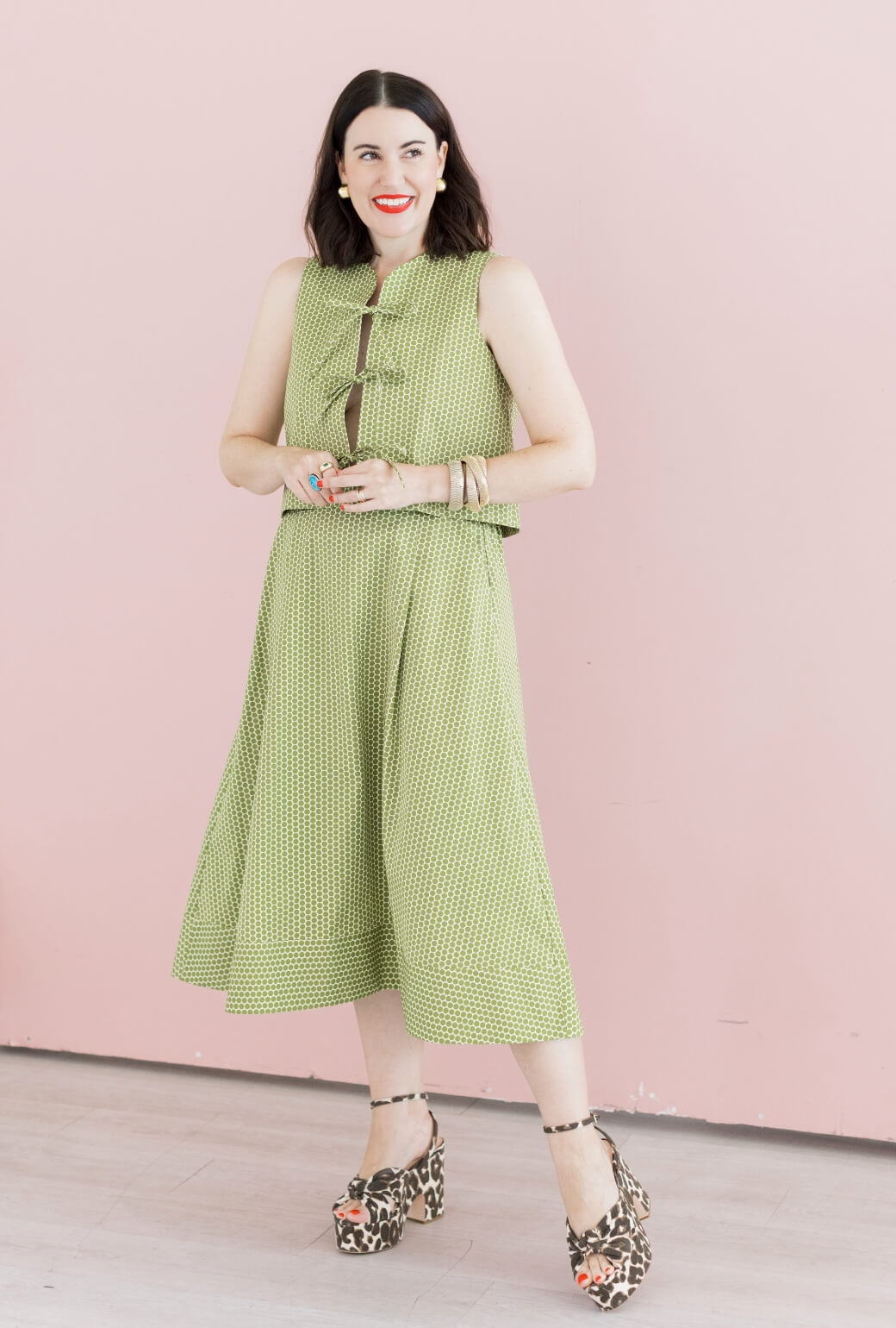 Buru x Val Flat Front MIDI Skirt  - Green Polka Dot
