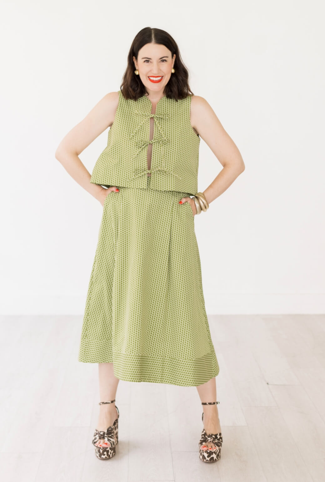 Buru x Val Flat Front MIDI Skirt  - Green Polka Dot