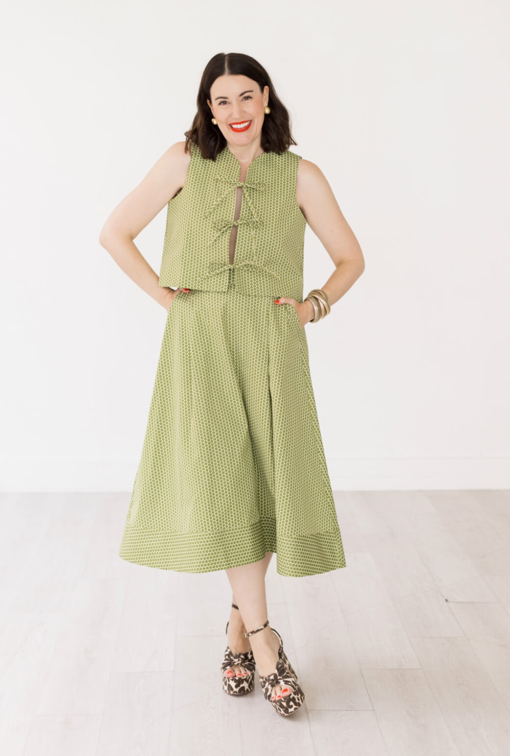 Buru x Val Flat Front MIDI Skirt  - Green Polka Dot