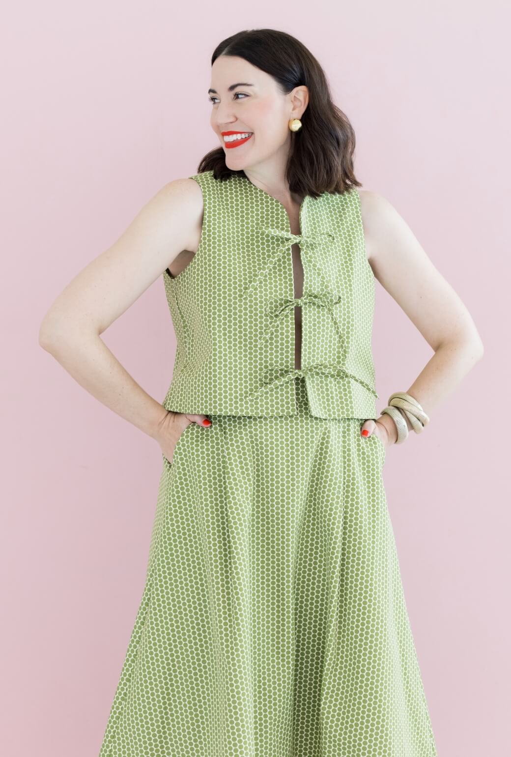 Buru x Val Flat Front MIDI Skirt  - Green Polka Dot