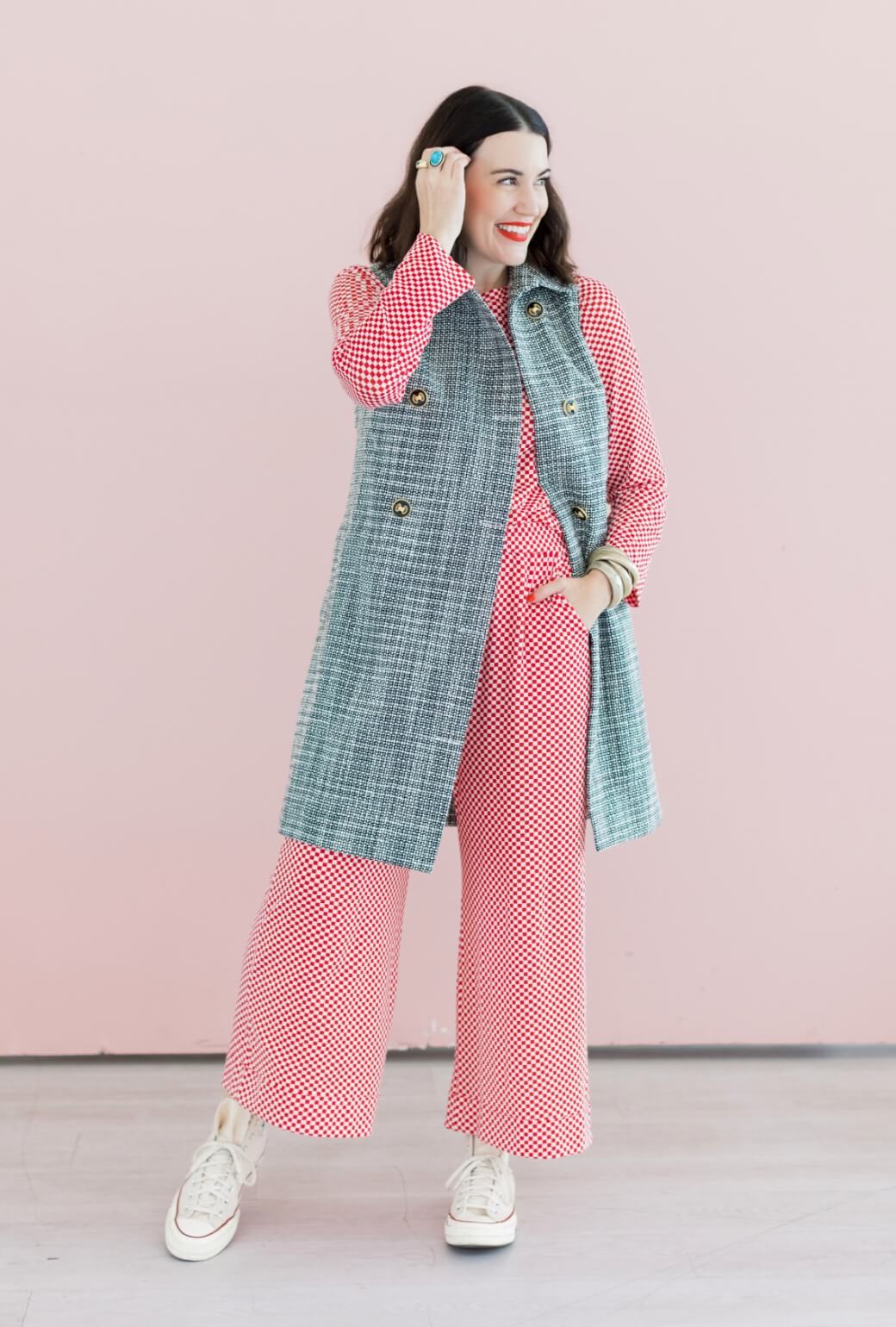 Buru x Val Wide Leg Knit Trouser - Red & White Checkerboard