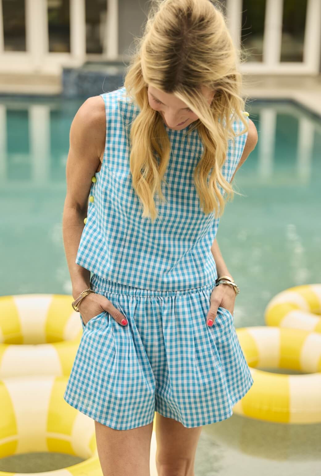 Button Box Top - Turquoise Gingham