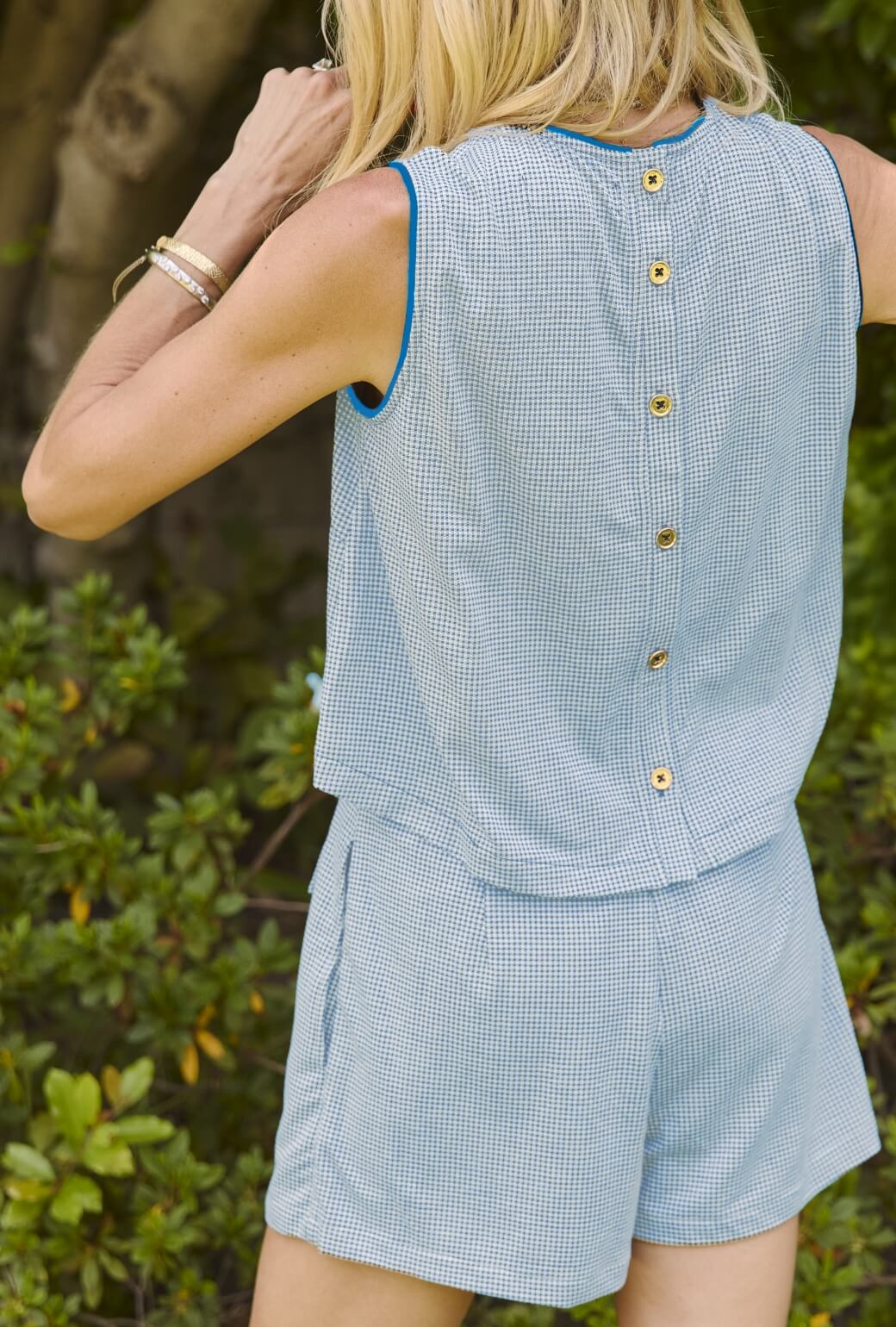 Crew Neck Blouse - Blue Gingham Knit