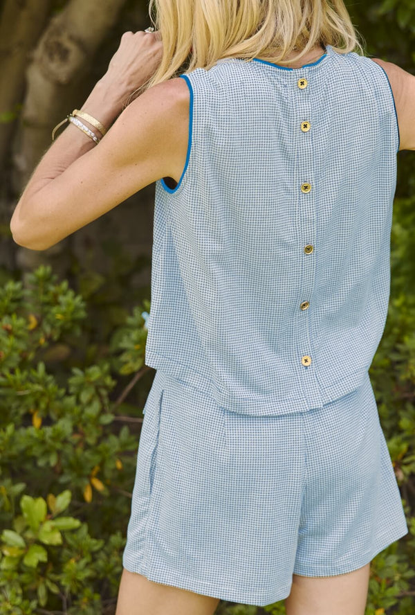 Crew Neck Blouse - Blue Gingham Knit