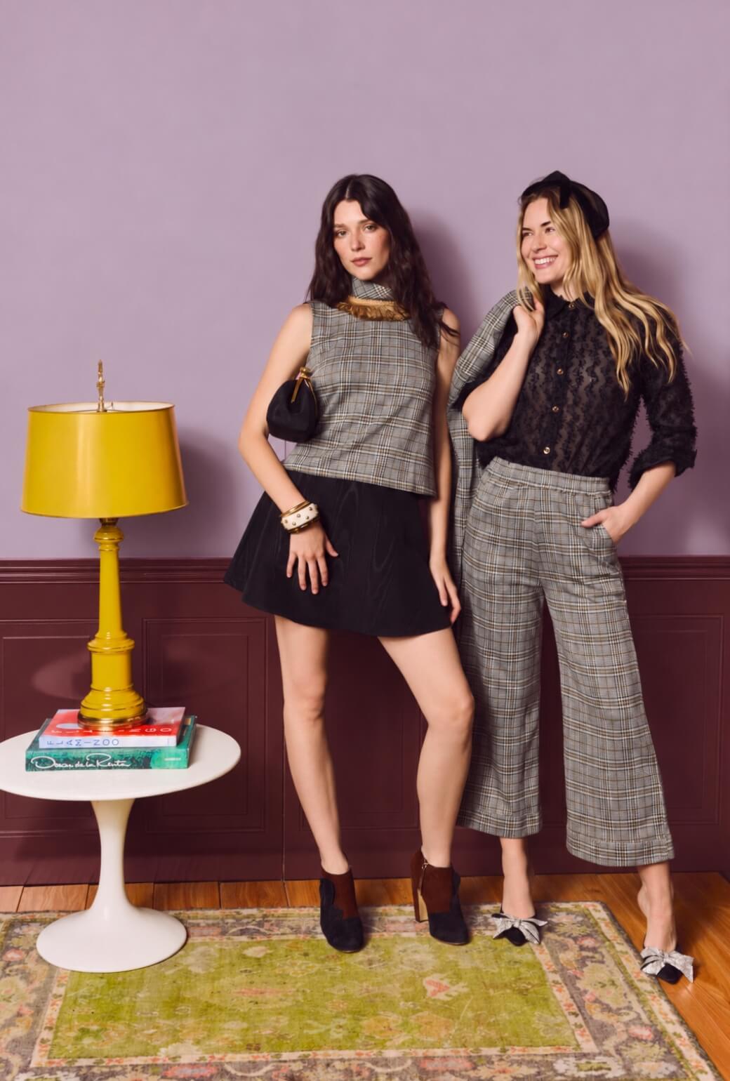 Cropped Sleeveless Mod Top - Black & Gold Glen Plaid Knit
