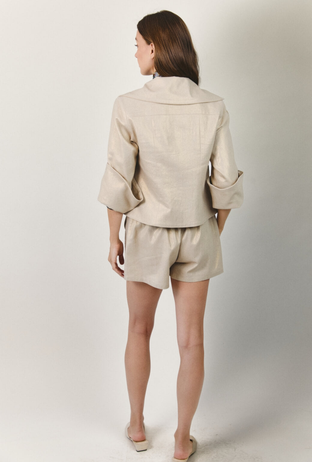 Flat Front Everyday Shorts - Gold Shimmer Linen