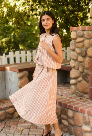Flat Front MIDI Skirt  - Poppy and Brown Stripe