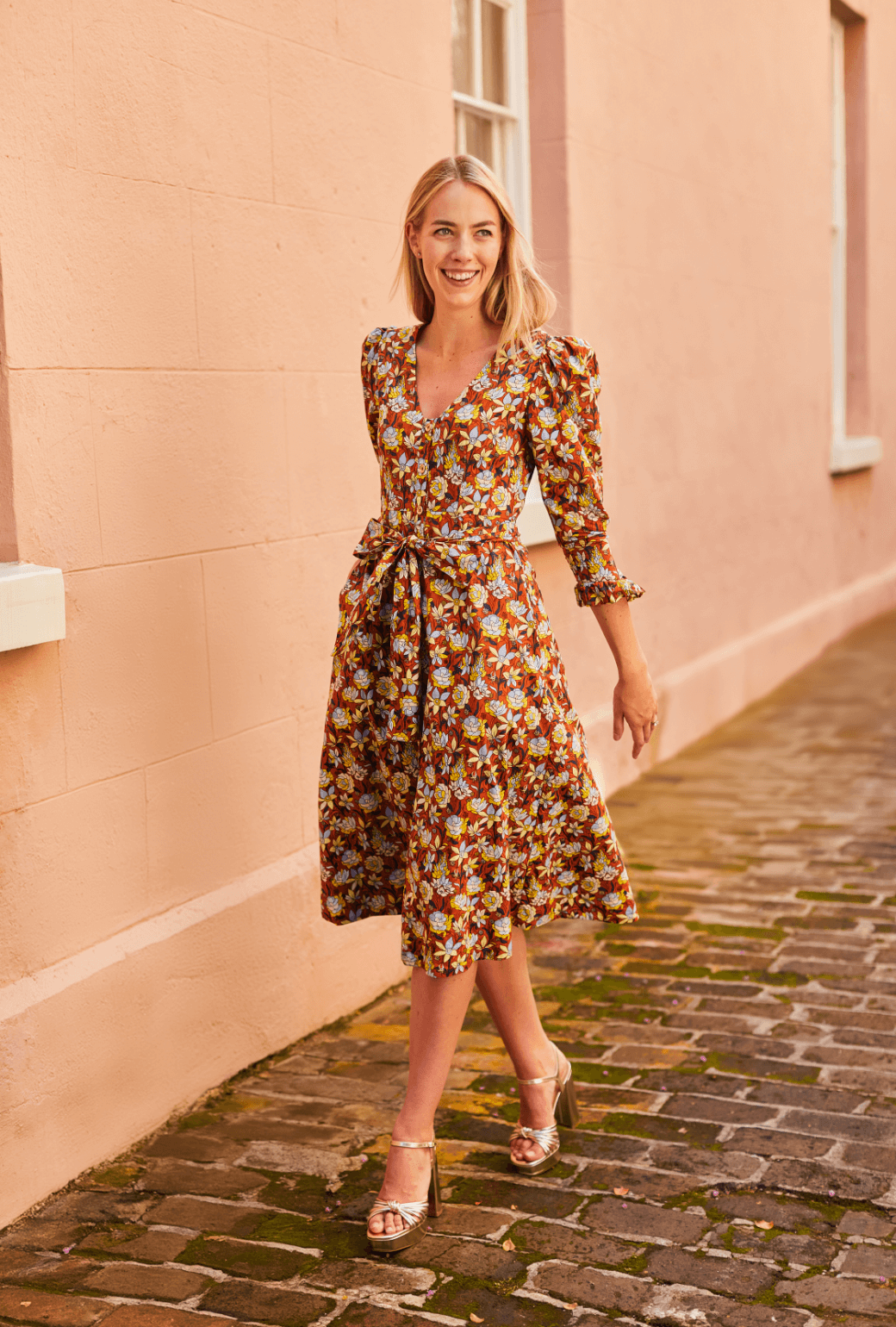 Long Sleeve Day Gown - MIDI - Bronze Floral