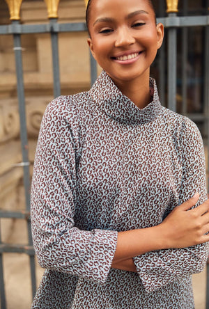 Long Sleeve Mod Top - Blue & Brown Cheetah Knit