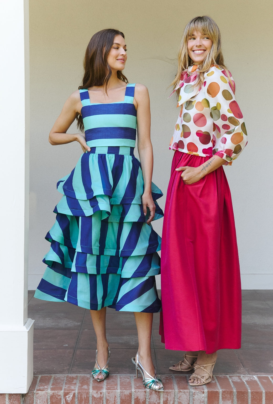 MIDI Teagan Skirt - Turquoise and Blue Stripe Silk
