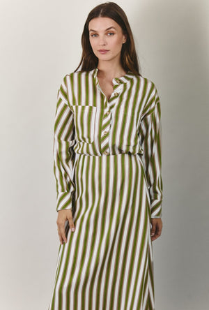 Mandarin Shirt - Green & Brown Stripe