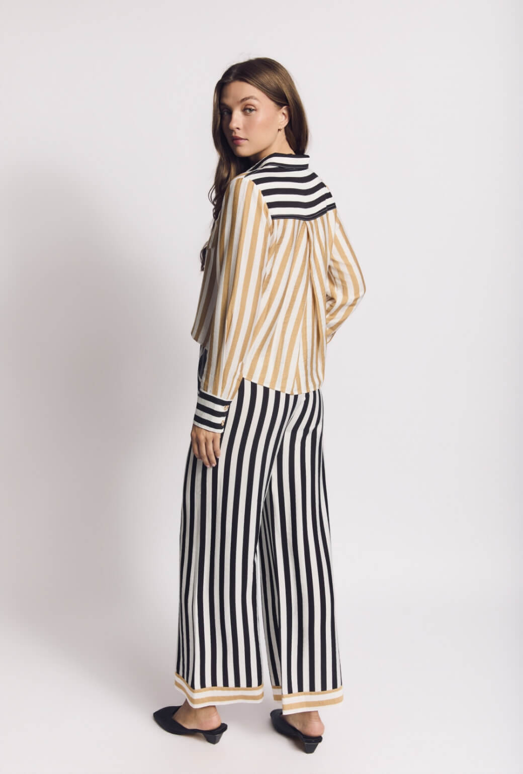 Mel Button Down Cropped Shirt - Black & Sand Stripe