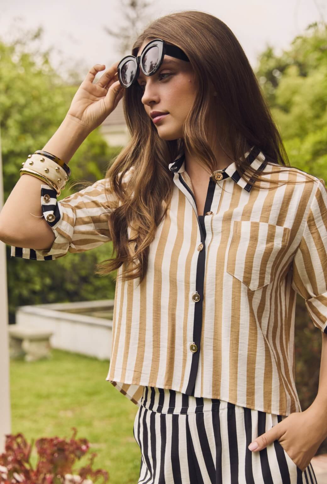 Mel Button Down Cropped Shirt - Black & Sand Stripe