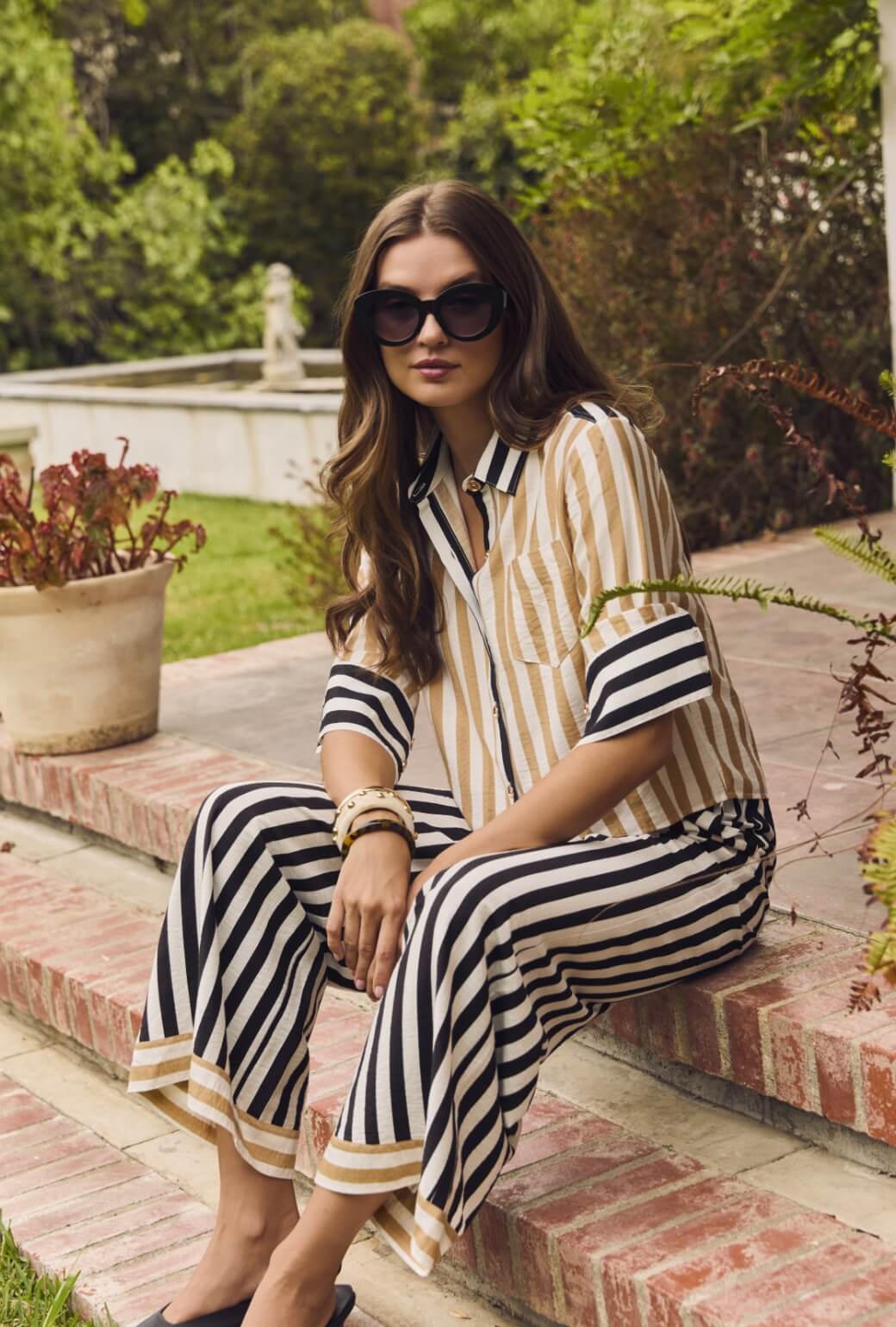 Mel Button Down Cropped Shirt - Black & Sand Stripe