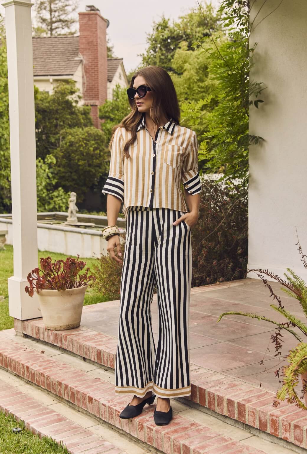 Mel Button Down Cropped Shirt - Black & Sand Stripe