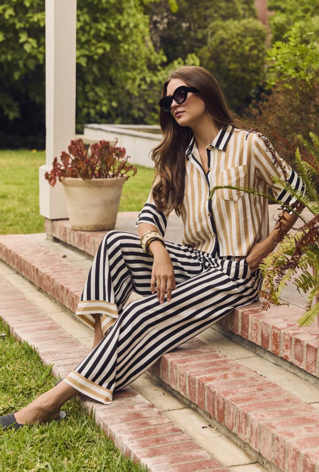 Mel Button Down Cropped Shirt - Black & Sand Stripe