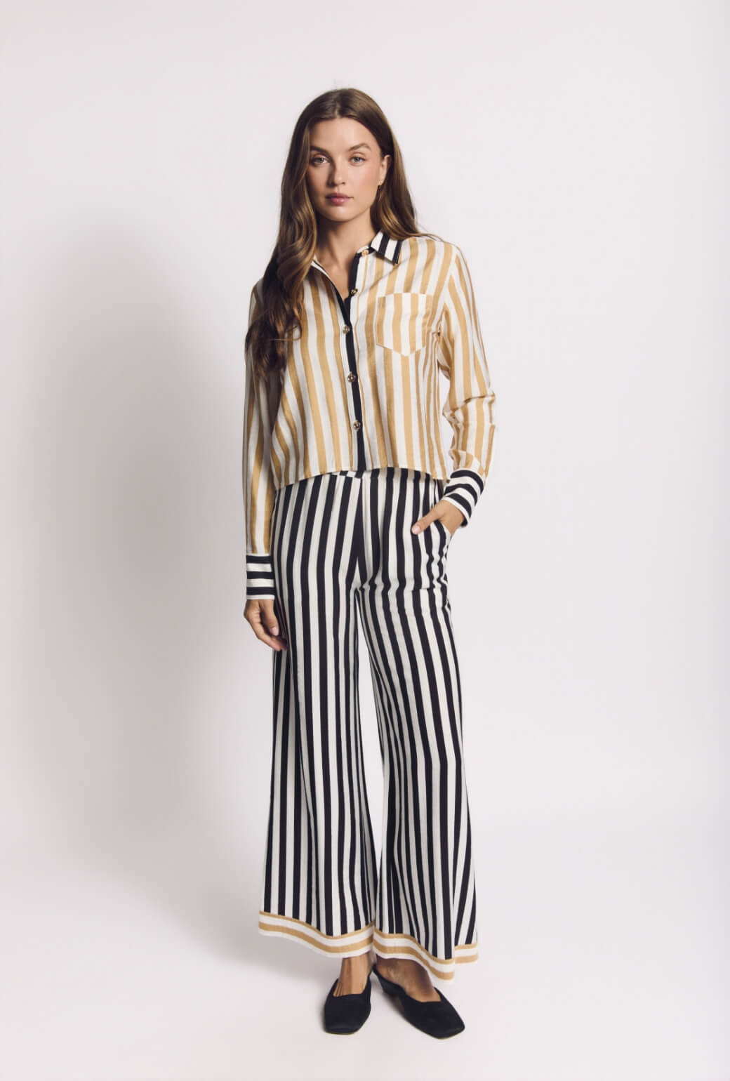 Mel Button Down Cropped Shirt - Black & Sand Stripe