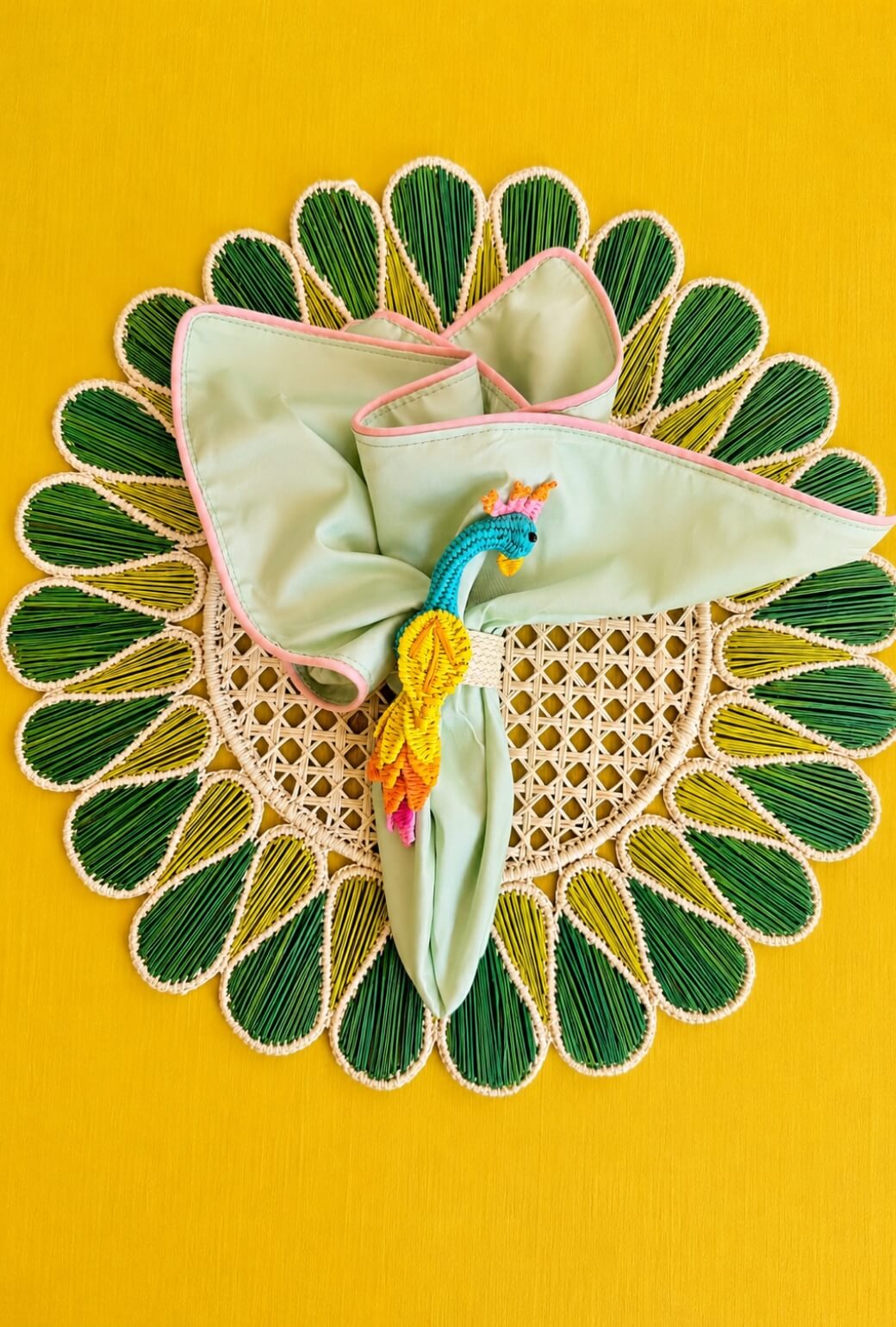 Peacock Rattan Napkin Rings - Aqua