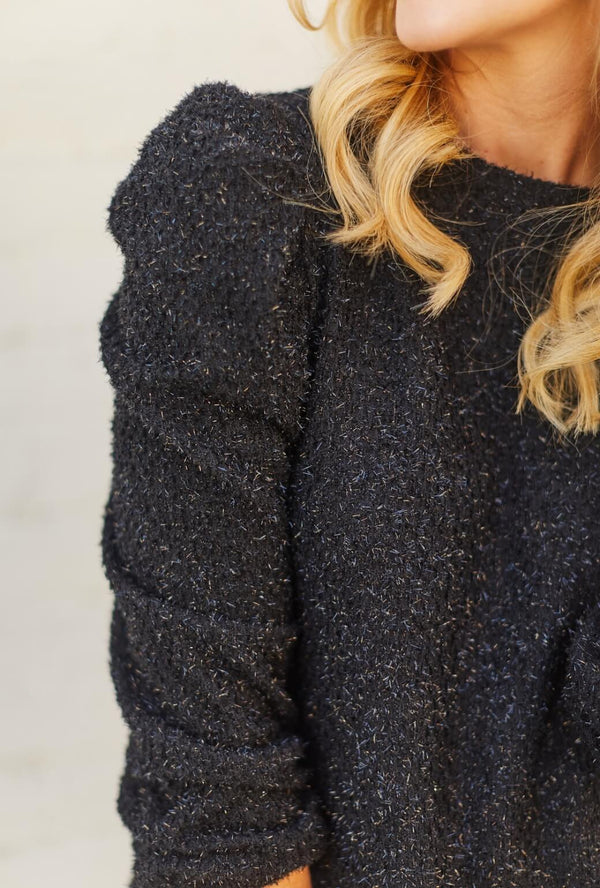 Puff Sleeve Pullover - Black Shimmer Knit