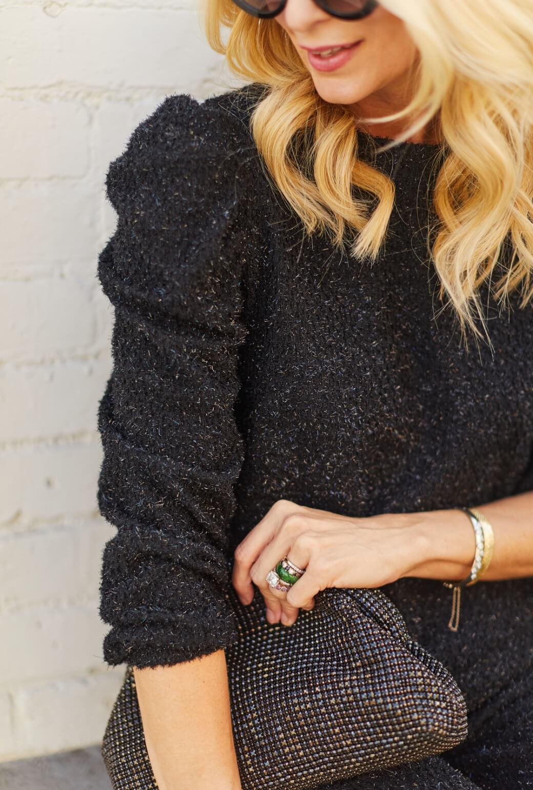 Puff Sleeve Pullover - Black Shimmer Knit