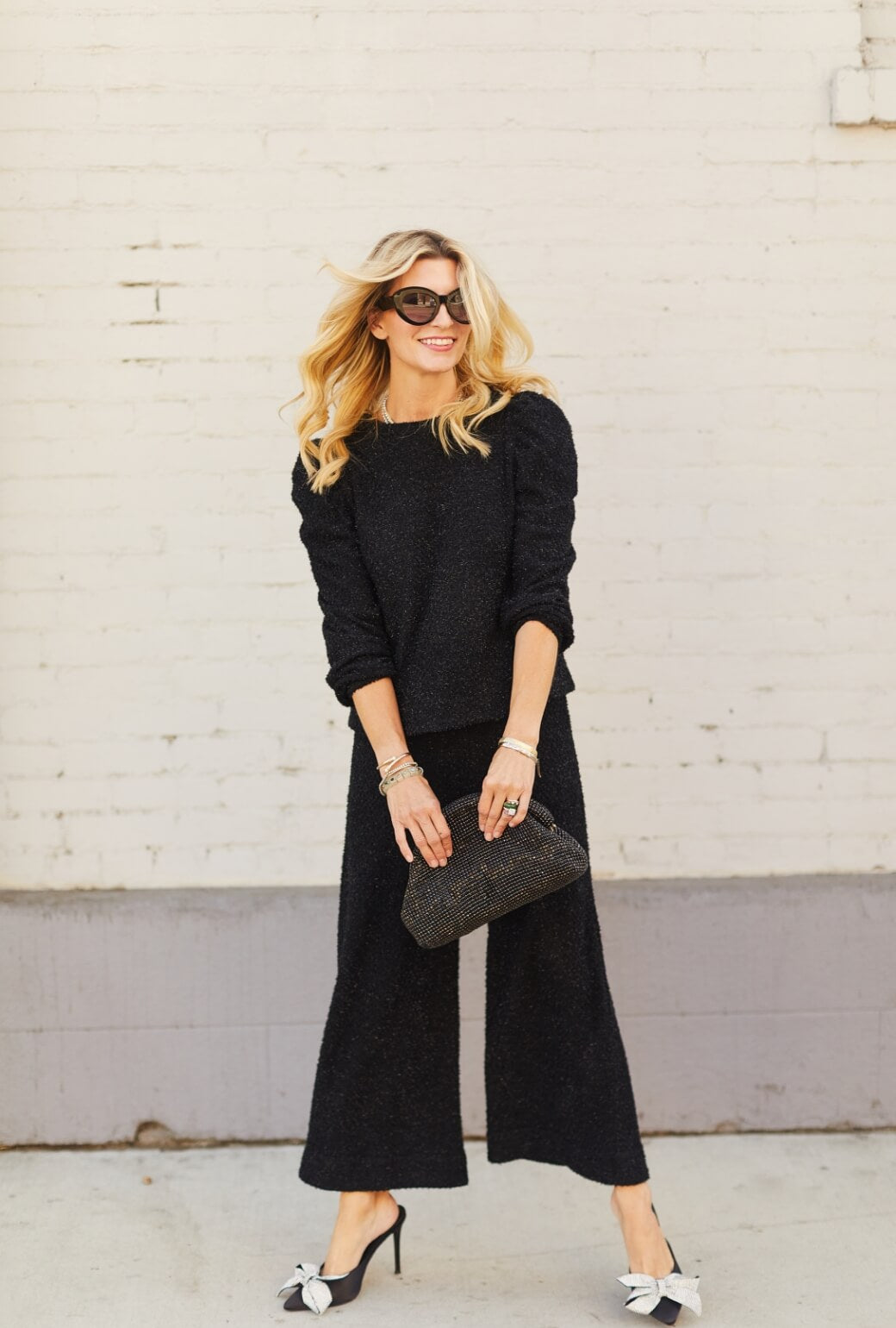 Puff Sleeve Pullover - Black Shimmer Knit